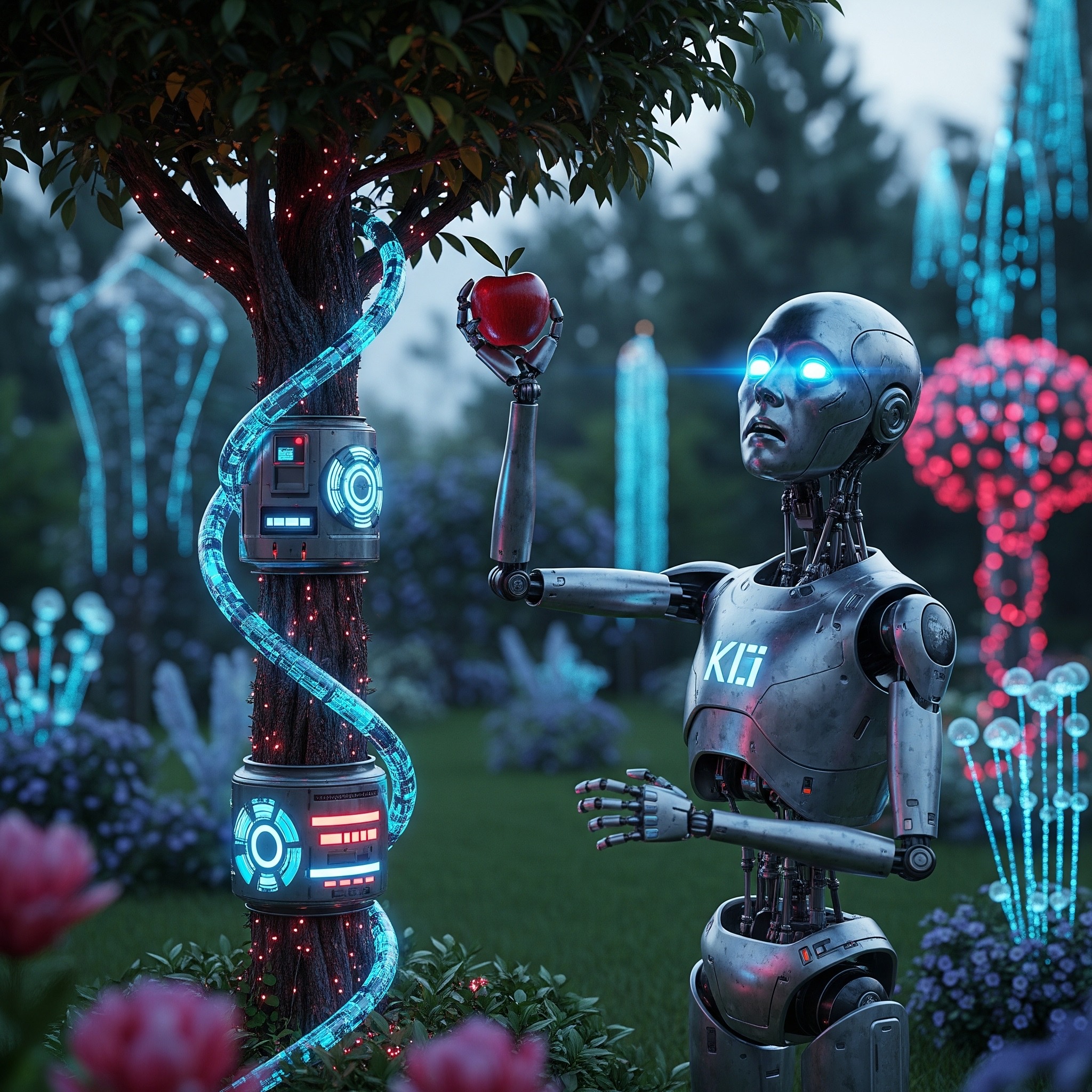 KI-Roboter hält den verbotenen Apfel im digitalen Garten Eden — Symbol für die Rückkehr des Menschen durch Künstliche Intelligenz